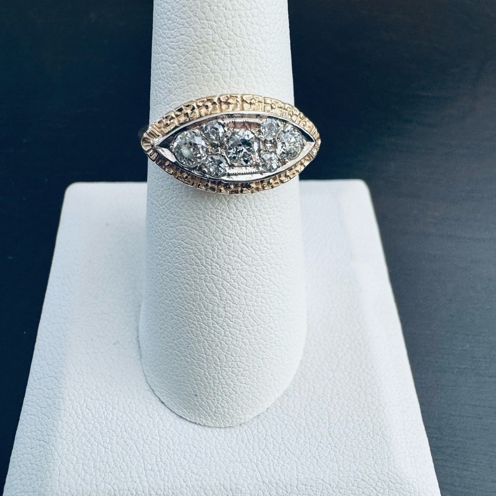 14K Yellow Gold Vintage Marquise Diamond Ring Cluster Statement Design size 7.5